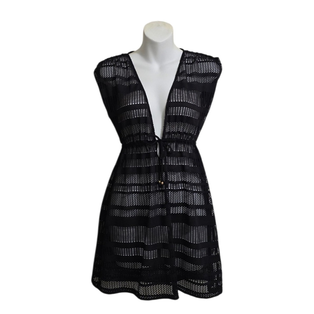 Lauren Ralph Lauren Pointelle-Knit V-Neck Swim Cover-Up Tunic In Black Sz S